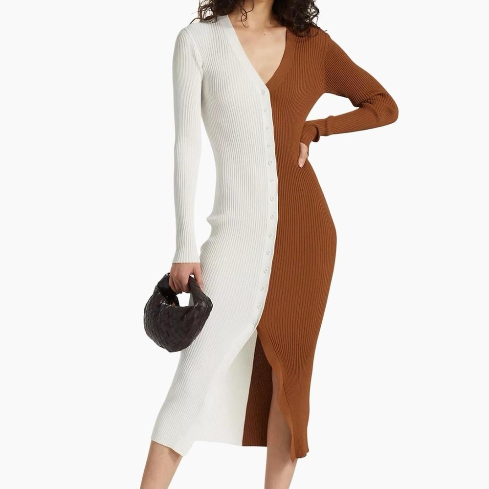 STAUD tan and white color block dress